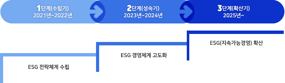 1단계(수립기) 2021년~2022년 - ESG 전략체계 수립
2단계(성숙기) 2023년~2024년 - ESG 경영체계 고도화
3단계(화산기) 2025년 - ESG(지속가능경영) 확산